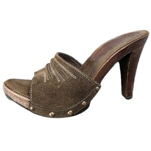 Steve Madden Vintage Y2K Clog Mules Leather Studded Wooden Heels Embroidered 8